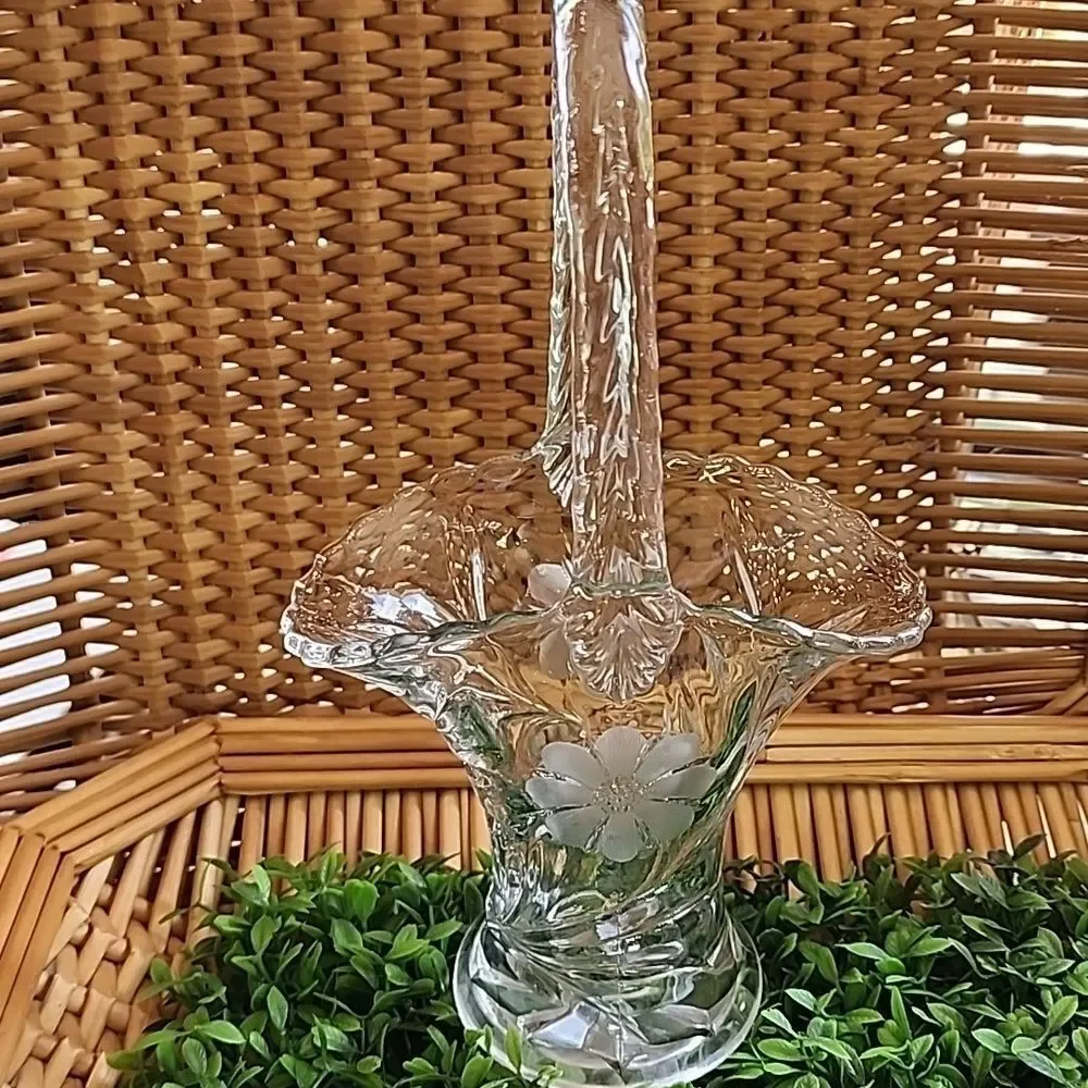 Vintage Etched Glass Floral Bride's Basket With Handle Coquette Bridal
